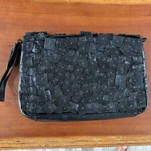 Kenneth Cole New York black leather silver stud large clutch purse